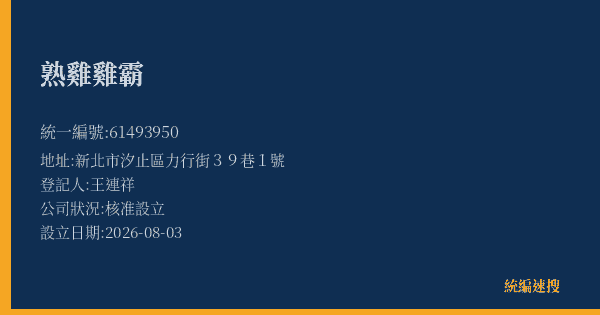 熟雞雞霸的照片-統編 61493950(新北市) 公司登記資料與營業項目詳細圖表
