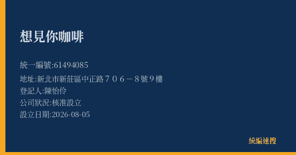 想見你咖啡的照片-統編 61494085(新北市) 公司登記資料與營業項目詳細圖表