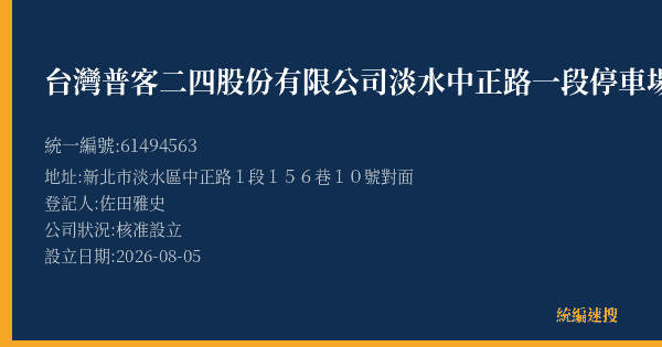 台灣普客二四股份有限公司淡水中正路一段停車場的照片-統編 61494563(新北市) 公司登記資料與營業項目詳細圖表