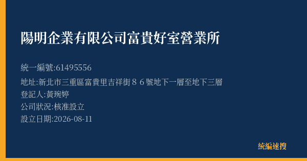 陽明企業有限公司富貴好室營業所的照片-統編 61495556(新北市) 公司登記資料與營業項目詳細圖表