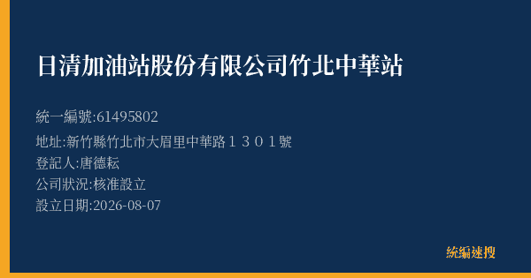 日清加油站股份有限公司竹北中華站的照片-統編 61495802(新竹縣) 公司登記資料與營業項目詳細圖表