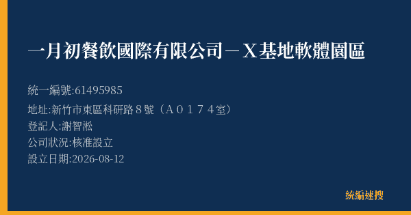 一月初餐飲國際有限公司-X基地軟體園區的照片-統編 61495985(新竹市) 公司登記資料與營業項目詳細圖表
