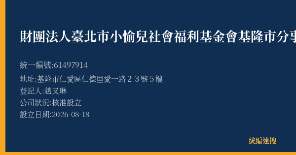 財團法人臺北市小愉兒社會福利基金會基隆市分事務所的照片-統編 61497914(基隆市) 公司登記資料與營業項目詳細圖表