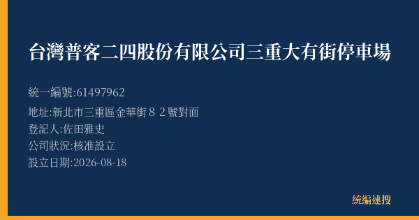 台灣普客二四股份有限公司三重大有街停車場的照片-統編 61497962(新北市) 公司登記資料與營業項目詳細圖表
