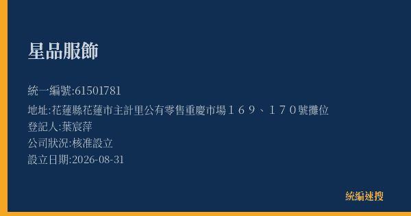 星品服飾的照片-統編 61501781(花蓮縣) 公司登記資料與營業項目詳細圖表