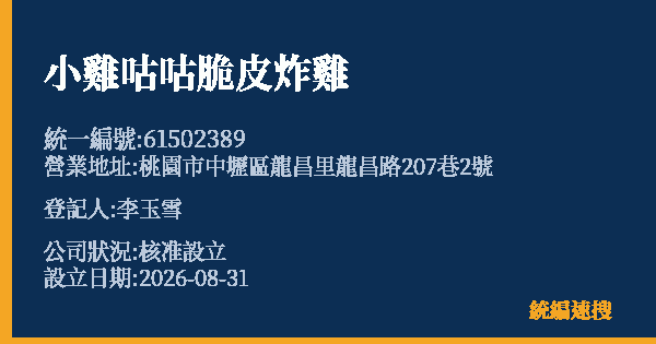 小雞咕咕脆皮炸雞的照片-統編 61502389(桃園市) 公司登記資料與營業項目詳細圖表