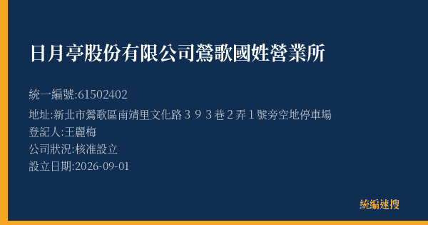 日月亭股份有限公司鶯歌國姓營業所的照片-統編 61502402(新北市) 公司登記資料與營業項目詳細圖表