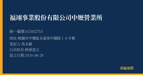 福翊事業股份有限公司中壢營業所的照片-統編 61502753(桃園市) 公司登記資料與營業項目詳細圖表