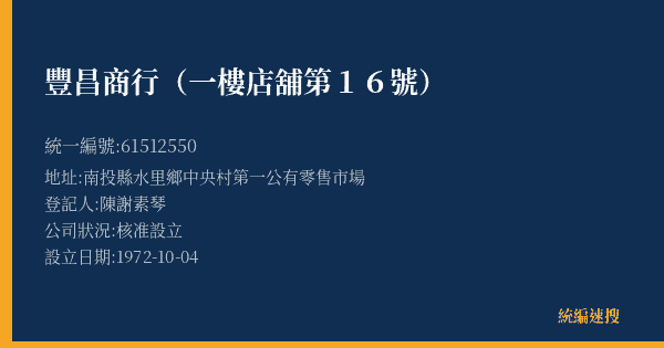 豐昌商行(一樓店舖第16號)的照片-統編 61512550(南投縣) 公司登記資料與營業項目詳細圖表