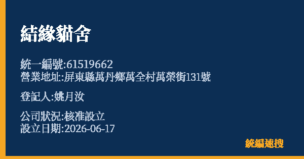 結緣貓舍的照片-統編 61519662 公司登記資料與營業項目詳細圖表