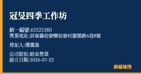冠旻四季工作坊的照片-統編 61521180 公司登記資料與營業項目詳細圖表