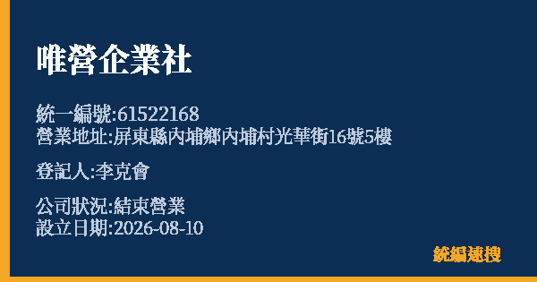 唯營企業社的照片-統編 61522168 公司登記資料與營業項目詳細圖表