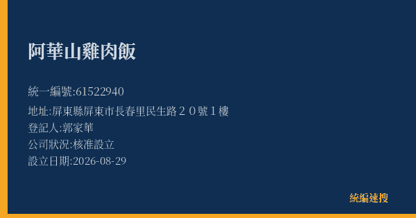 阿華山雞肉飯的照片-統編 61522940(屏東縣) 公司登記資料與營業項目詳細圖表