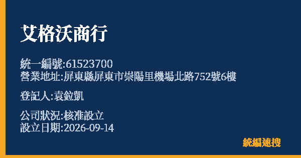 艾格沃商行的照片-統編 61523700(屏東縣) 公司登記資料與營業項目詳細圖表