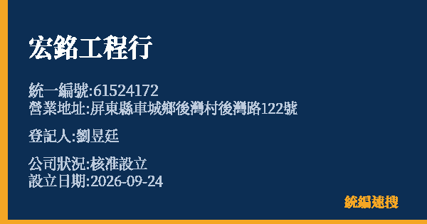 宏銘工程行的照片-統編 61524172(屏東縣) 公司登記資料與營業項目詳細圖表