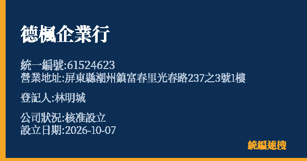 德楓企業行的照片-統編 61524623(屏東縣) 公司登記資料與營業項目詳細圖表