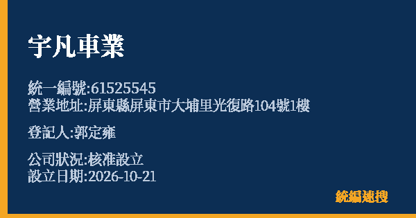 宇凡車業的照片-統編 61525545(屏東縣) 公司登記資料與營業項目詳細圖表