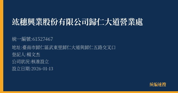 竑穗興業股份有限公司歸仁大道營業處的照片-統編 61527467(臺南市) 公司登記資料與營業項目詳細圖表