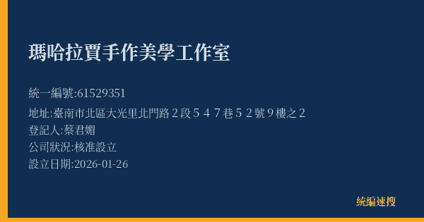 瑪哈拉賈手作美學工作室的照片-統編 61529351(臺南市) 公司登記資料與營業項目詳細圖表