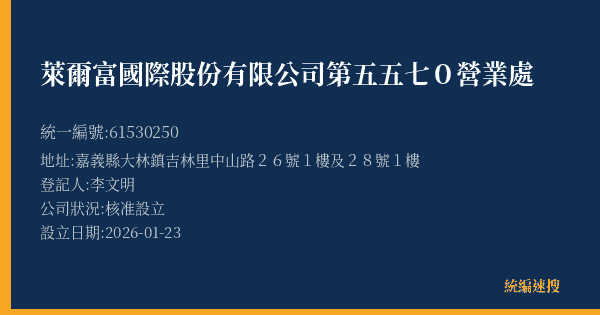 萊爾富國際股份有限公司第五五七0營業處的照片-統編 61530250(嘉義縣) 公司登記資料與營業項目詳細圖表