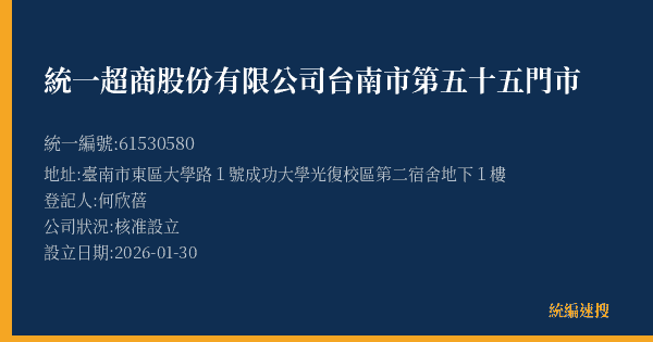 統一超商股份有限公司台南市第五十五門市的照片-統編 61530580(臺南市) 公司登記資料與營業項目詳細圖表