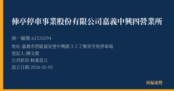俥亭停車事業股份有限公司嘉義中興四營業所的照片-統編 61531194(嘉義市) 公司登記資料與營業項目詳細圖表