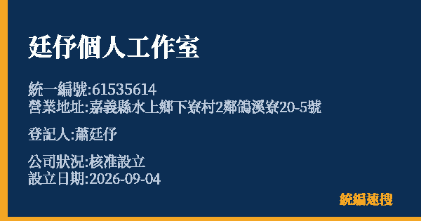 廷伃個人工作室的照片-統編 61535614(嘉義縣) 公司登記資料與營業項目詳細圖表