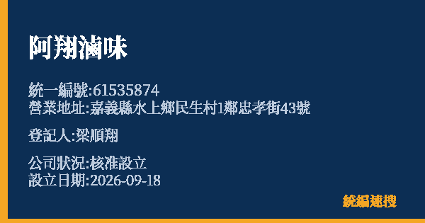 阿翔滷味的照片-統編 61535874(嘉義縣) 公司登記資料與營業項目詳細圖表