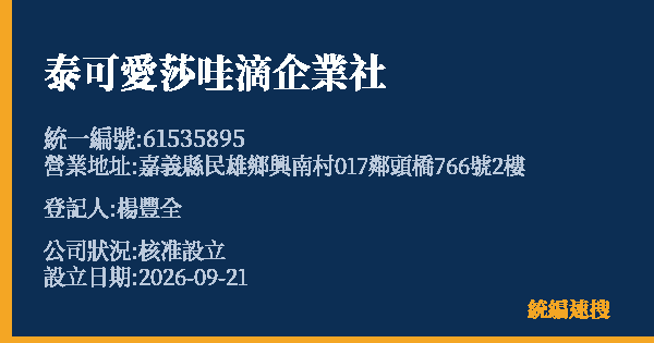 泰可愛莎哇滴企業社的照片-統編 61535895(嘉義縣) 公司登記資料與營業項目詳細圖表