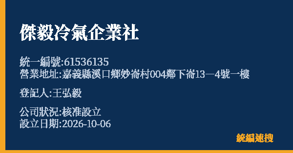 傑毅冷氣企業社的照片-統編 61536135(嘉義縣) 公司登記資料與營業項目詳細圖表