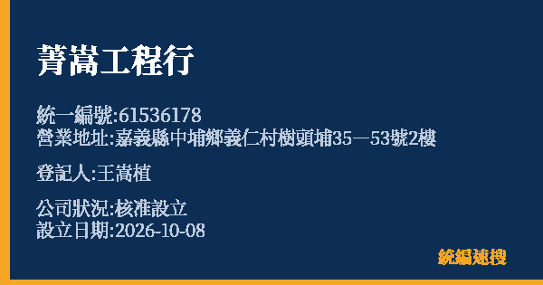 菁嵩工程行的照片-統編 61536178(嘉義縣) 公司登記資料與營業項目詳細圖表