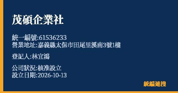 茂碩企業社的照片-統編 61536233(嘉義縣) 公司登記資料與營業項目詳細圖表
