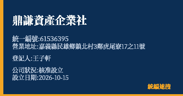 鼎謙資產企業社的照片-統編 61536395(嘉義縣) 公司登記資料與營業項目詳細圖表