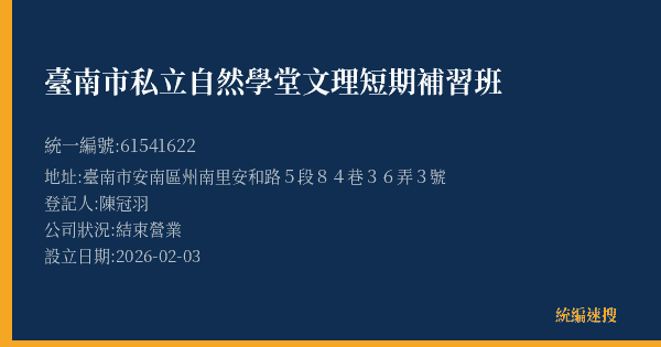 臺南市私立自然學堂文理短期補習班的照片-統編 61541622(臺南市) 公司登記資料與營業項目詳細圖表
