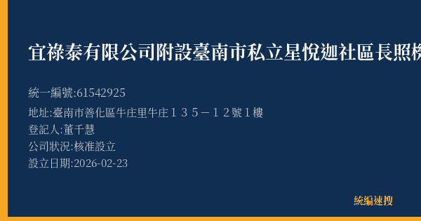 宜祿泰有限公司附設臺南市私立星悅迦社區長照機構的照片-統編 61542925(臺南市) 公司登記資料與營業項目詳細圖表