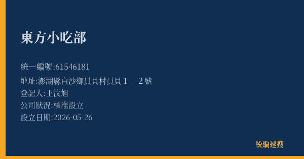 東方小吃部的照片-統編 61546181(澎湖縣) 公司登記資料與營業項目詳細圖表