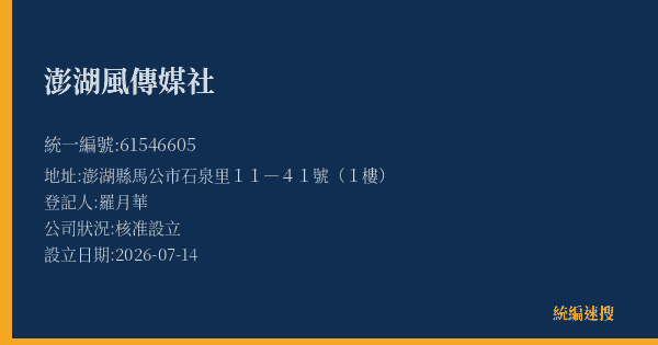 澎湖風傳媒社的照片-統編 61546605(澎湖縣) 公司登記資料與營業項目詳細圖表