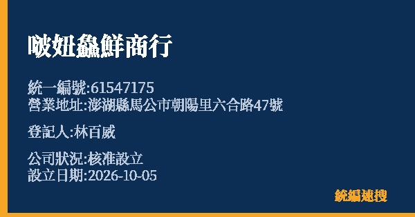 啵妞鱻鮮商行的照片-統編 61547175(澎湖縣) 公司登記資料與營業項目詳細圖表