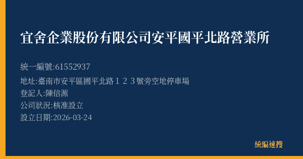 宜舍企業股份有限公司安平國平北路營業所的照片-統編 61552937(臺南市) 公司登記資料與營業項目詳細圖表
