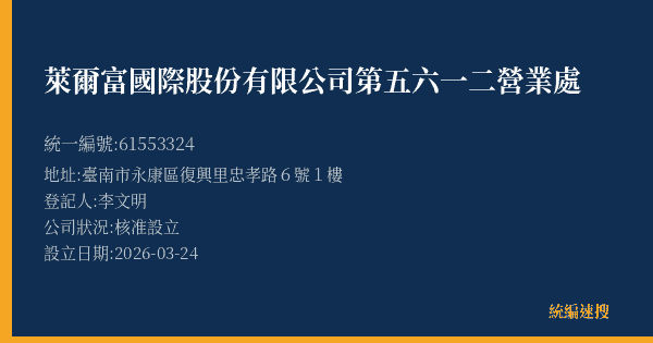 萊爾富國際股份有限公司第五六一二營業處的照片-統編 61553324(臺南市) 公司登記資料與營業項目詳細圖表