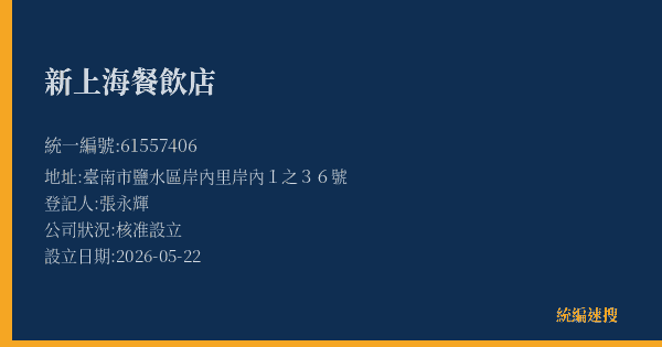 新上海餐飲店的照片-統編 61557406(臺南市) 公司登記資料與營業項目詳細圖表