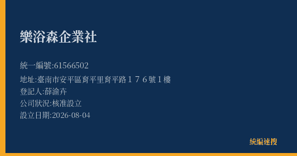 樂浴森企業社的照片-統編 61566502(臺南市) 公司登記資料與營業項目詳細圖表