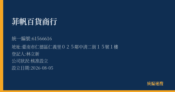 菲帆百貨商行的照片-統編 61566616(臺南市) 公司登記資料與營業項目詳細圖表
