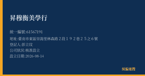 昇穆衡美學行的照片-統編 61567191(臺南市) 公司登記資料與營業項目詳細圖表