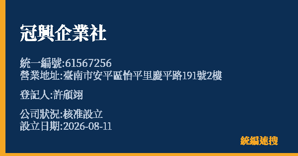 冠興企業社的照片-統編 61567256(臺南市) 公司登記資料與營業項目詳細圖表