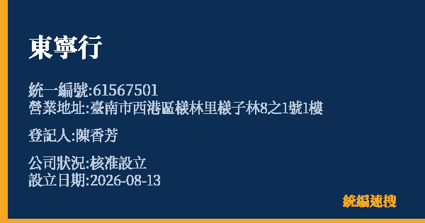 東寧行的照片-統編 61567501(臺南市) 公司登記資料與營業項目詳細圖表