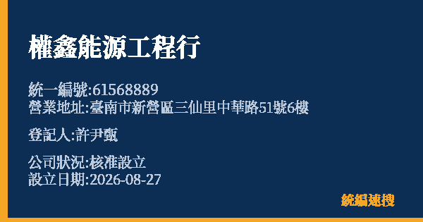 權鑫能源工程行的照片-統編 61568889(臺南市) 公司登記資料與營業項目詳細圖表