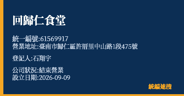 回歸仁食堂的照片-統編 61569917(臺南市) 公司登記資料與營業項目詳細圖表