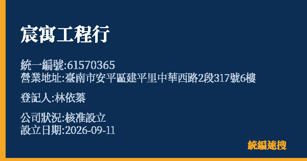 宸寓工程行的照片-統編 61570365(臺南市) 公司登記資料與營業項目詳細圖表