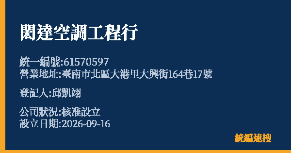 閎達空調工程行的照片-統編 61570597(臺南市) 公司登記資料與營業項目詳細圖表